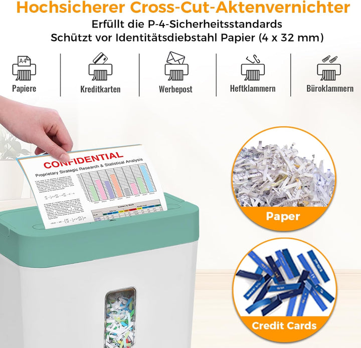 Aktenvernichter für 6 Blatt,P-4 Partikelschnitt Schredder, Papierschredder mit 8 Liter Auffangbehält