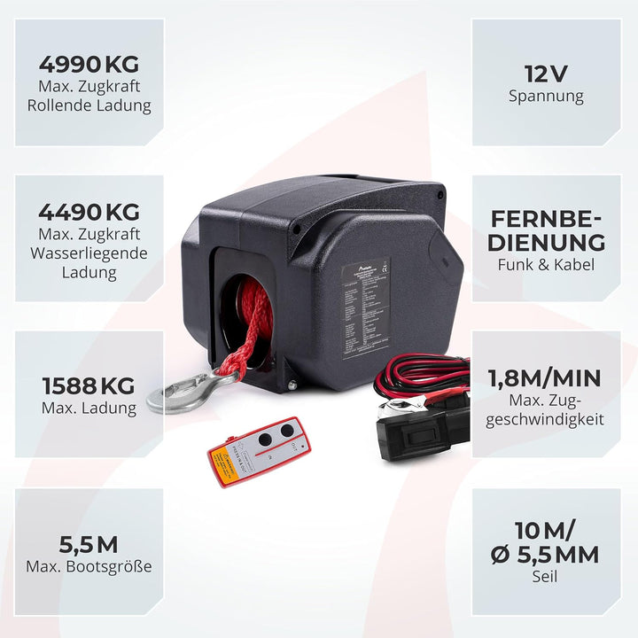 ROTFUCHS Elektrische Seilwinde 12v für Bootstrailer mit Funkfernbedienung – 4990 Kg Zugkraft, Bootsw