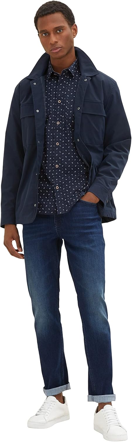 TOM TAILOR Herren Regular Fit Kurzarm-Hemd mit Brusttasche M 31319 - Navy White Minimal Design, M 31