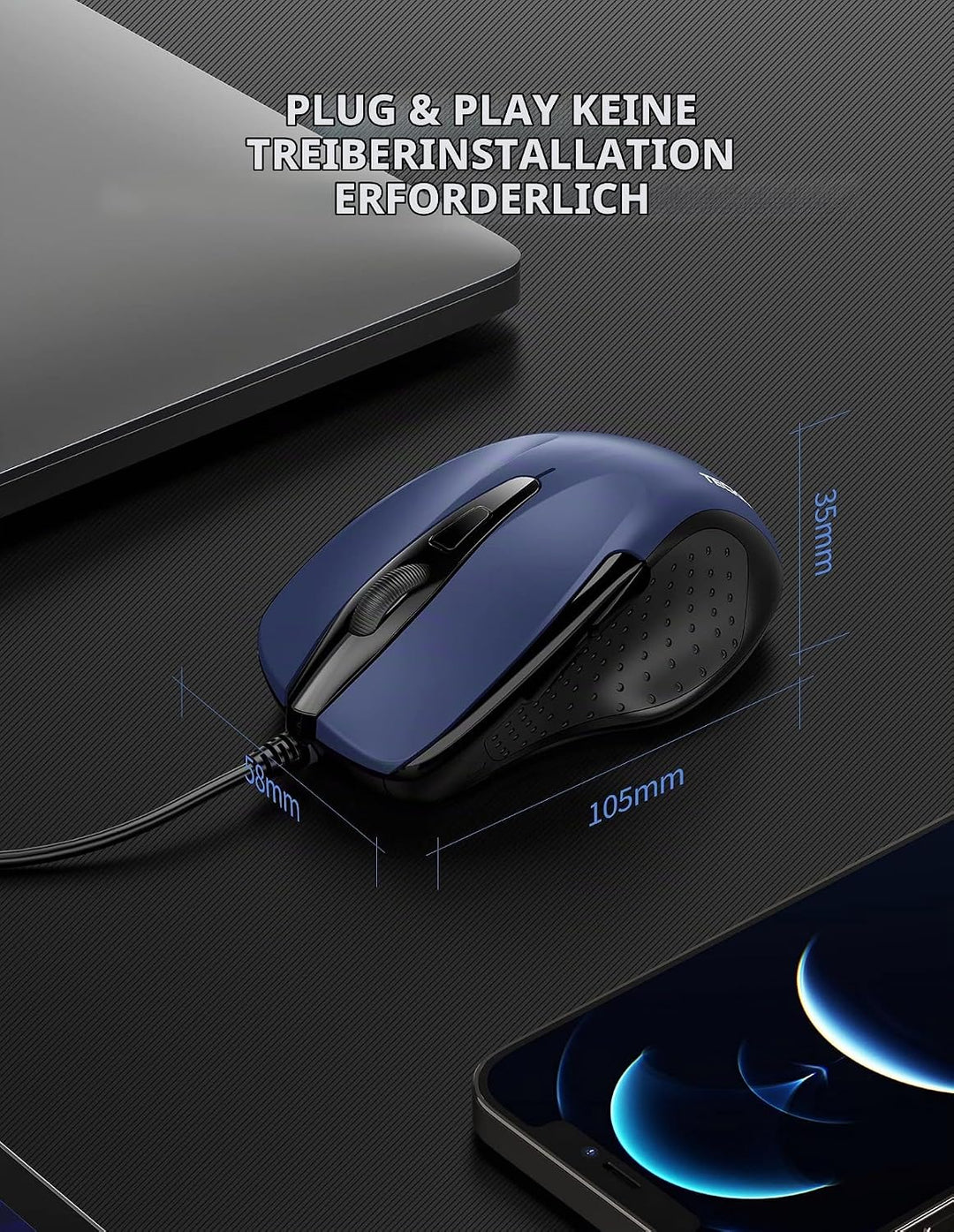 TECKNET Maus mit Kabel, Optical Business Mouse Verdrahtete Ergonomische Maus mit 6 Tasten, 2 Verstel