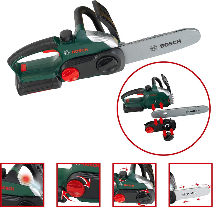Theo Klein 8532 Bosch Kettensäge mit Zubehör I Batteriebetriebene Säge mit Sound- und Lichtfunktion