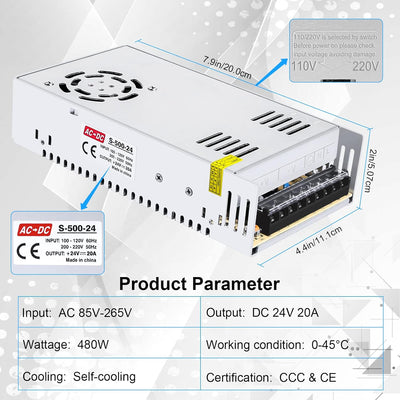 Kingwen Schaltnetzteil 24V 20A Netzteil Adapter Transformator 480W LED Trafo,Netzteil Trafo Schaltne