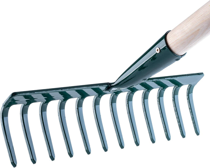 KADAX Rechen aus Metall, Flache Harke mit Stiel aus Holz, Laubbesen für Garten, Beet, Laubrechen, Ra