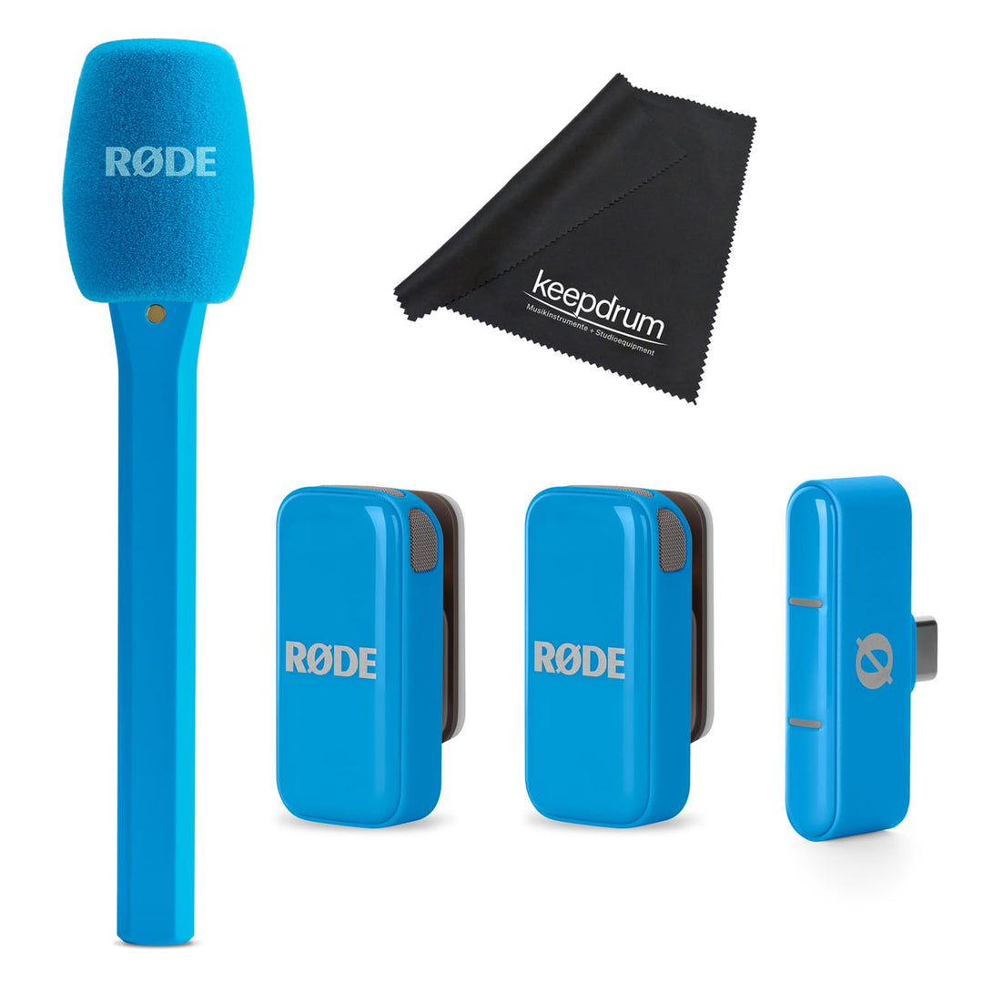 Rode Wireless Micro Drahtloses Mikrofon-System USB-C Blau mit Interview Micro Handadapter Blau und k