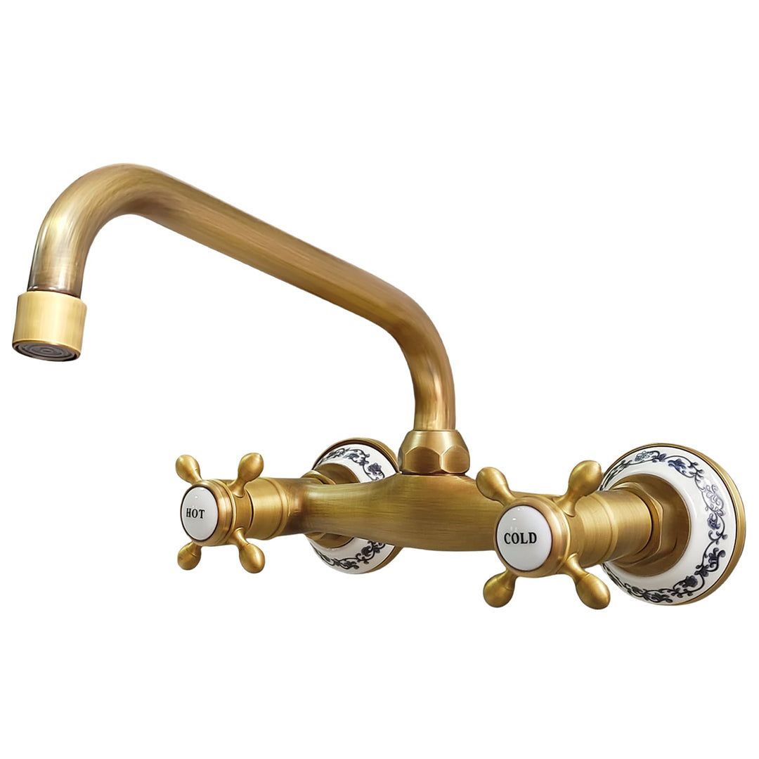 Küchenarmatur Wandmontage Messing Antik, Vintage Doppelgriff Wasserhahn Küche Wandbehang Bronze, 360