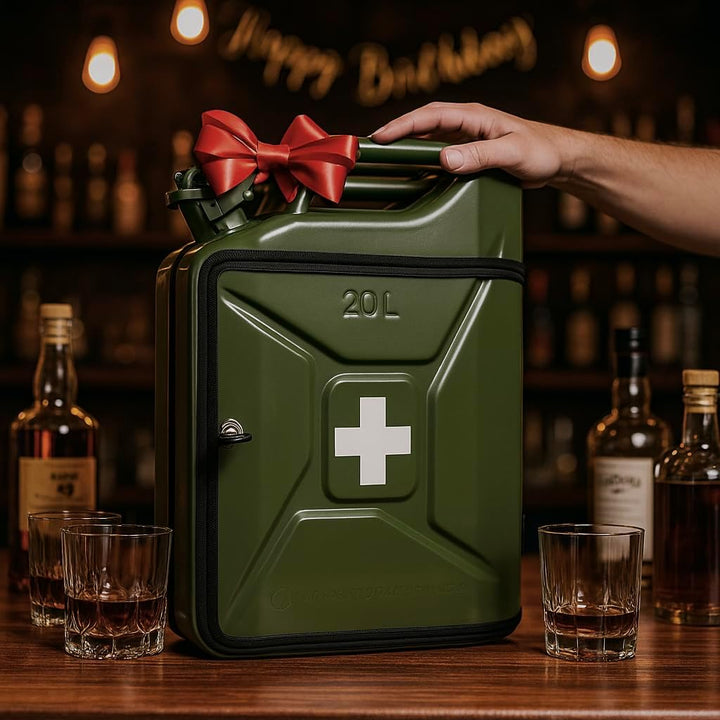 20L Kanister Mini Bar Premium I Maximal personalisierbar mit Gravur & LED Beleuchtung I 2 Whiskygläs