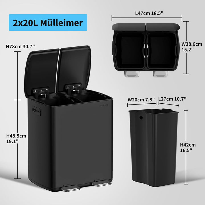 mVm Mülleimer Küche,40 Liter Treteimer,2x20L Doppelter Abfalleimer 2er-Mülleimer Mülltrennung mit In
