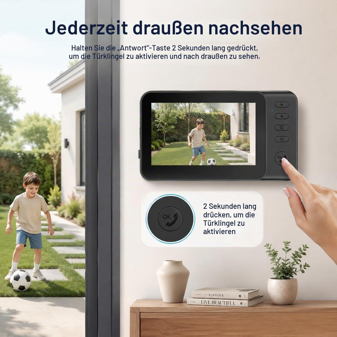 Video Türklingel mit Monitor 4,3 Zoll, Kabellose Türklingel mit Kamera, Ohne WLAN &amp; ABO, PIR Bewegun