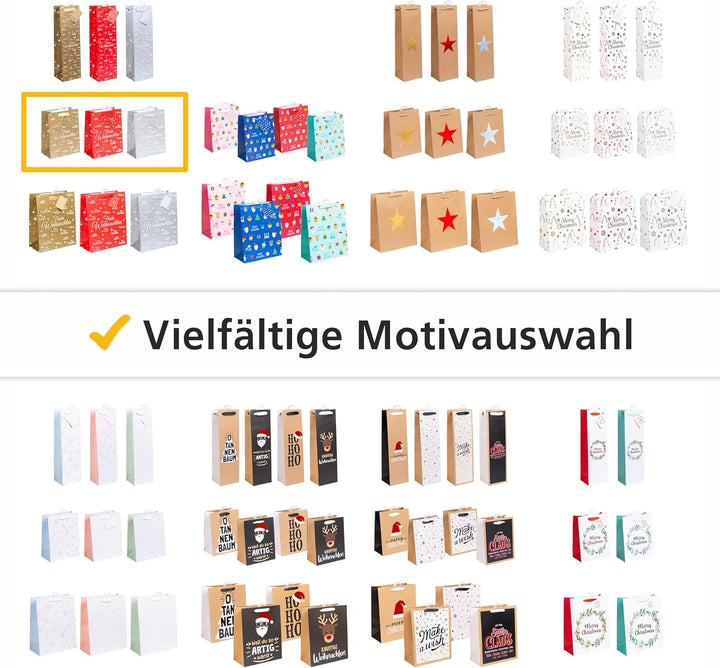 HEKU Geschenktaschen-Set, Glitter 'Merry X-Mas' Design I 24 Stück in 3 Farben (Rot, Gold, Silber) I