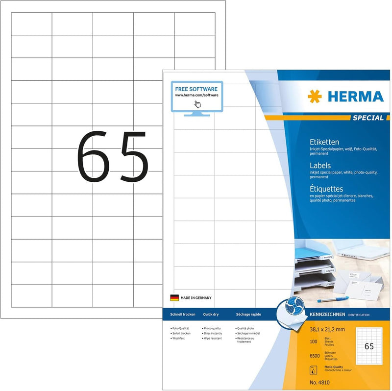 HERMA 4810 Universal Etiketten für Inkjet Drucker, 100 Blatt, 38,1 x 21,2 mm, 65 Stück pro A4 Bogen,