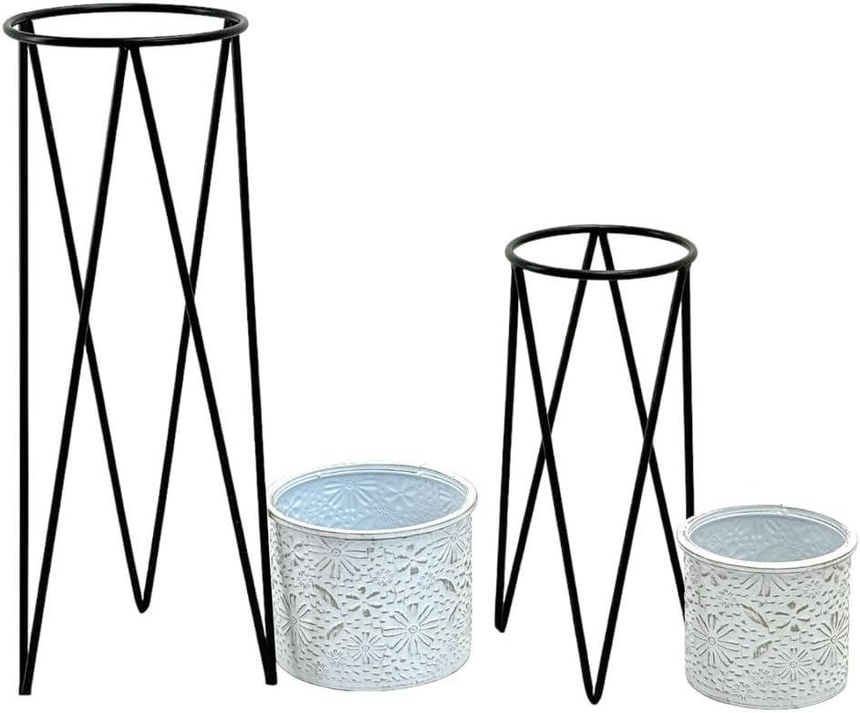 DanDiBo Blumenhocker mit Topf Metall Schwarz Weiss 2er Set Blumenständer 96043 Blumensäule Modern Pf