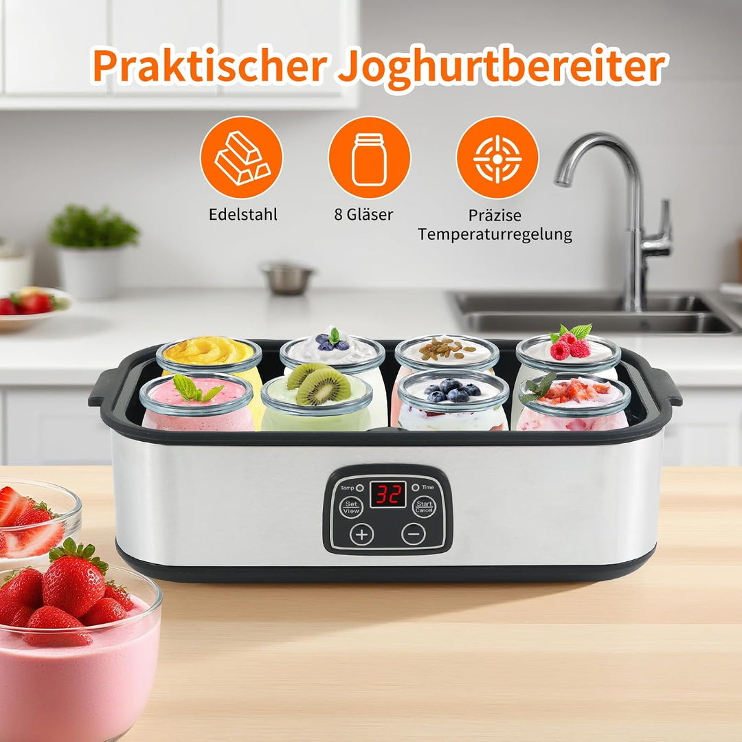 Joghurtbereiter, Digitaler Yogurt Maker, 8 Glasbehälter à 180 ml für bis 1.5L, Griechischer Joghurtm
