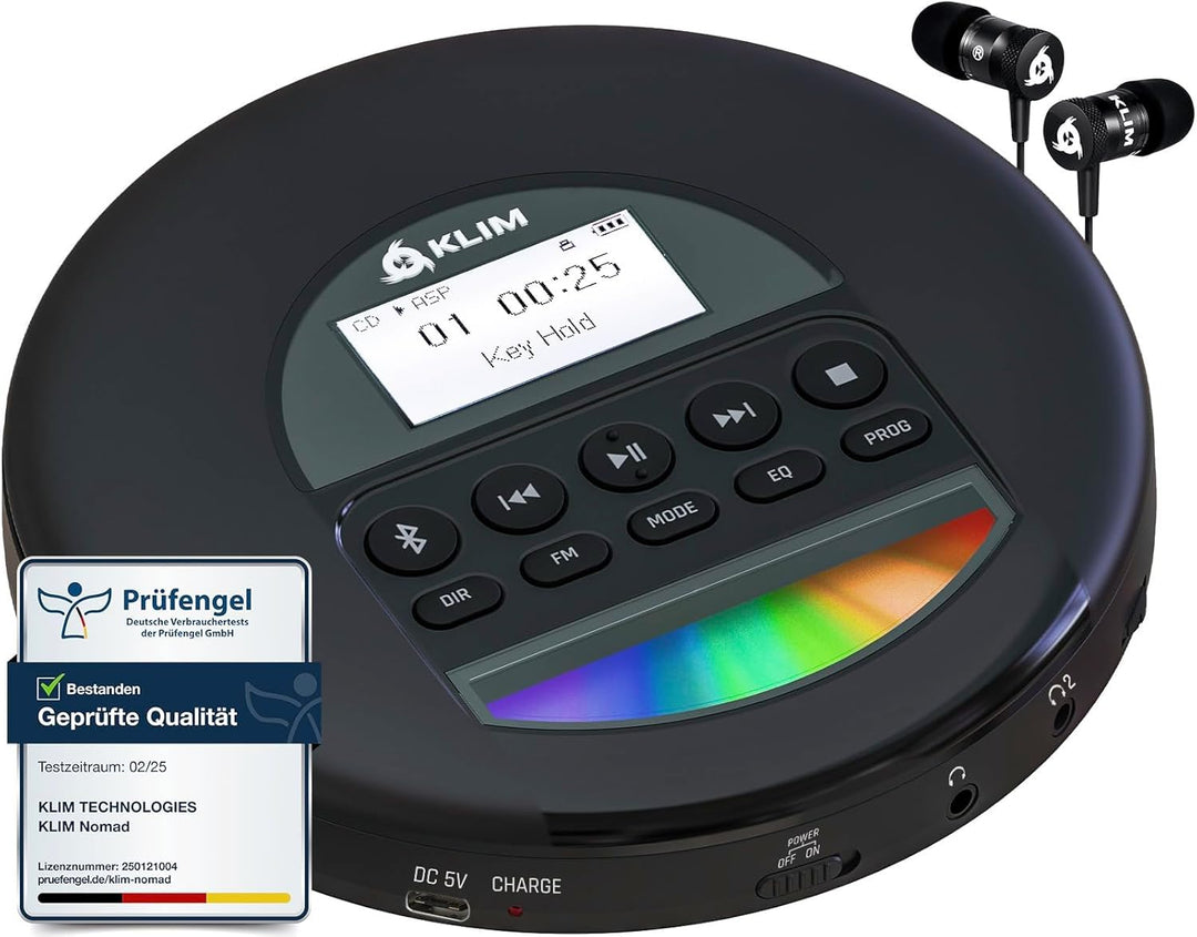 KLIM Nomad - NEU 2023 - Tragbarer CD-Player Discman mit langlebigem Akku - Inklusive KLIM Fusion Kop