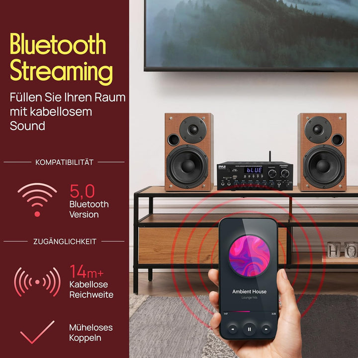 Pyle HiFi- Verstärker, 200W – 2.0 Kanal Audio Receiver mit USB/SD/FM und Mikrofon Eingang, Kabellose