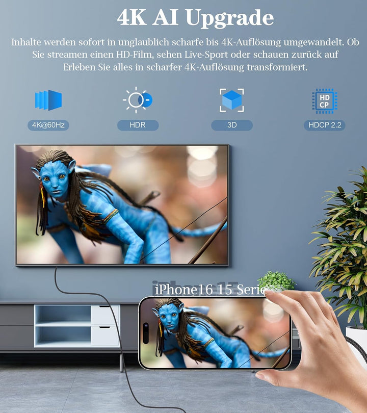 USB C auf HDMI Kabel 4M (4K@60Hz), USB Typ C zu HDMII 4K UHD Kabel Adapter Thunderbolt 5/4/3 Kompati