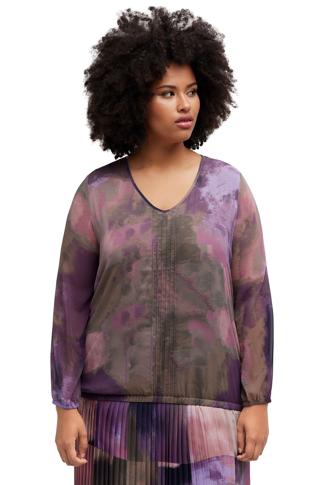 Ulla Popken Damen grosse Grössen Übergrössen Plus Size Bluse, Chiffon, V-Ausschnitt, Gummisaum, Lang