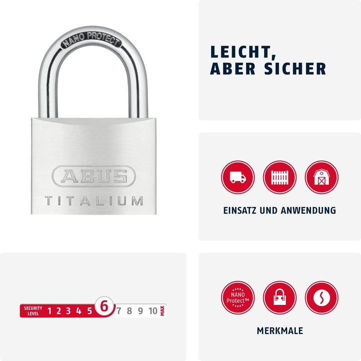 ABUS Vorhängeschloss Titalium 64TI/60 - Kellerschloss mit Schlosskörper aus Spezial-Aluminium - gehä