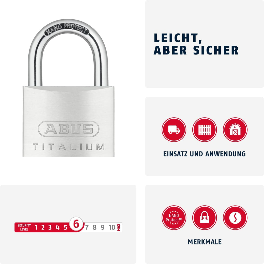 ABUS Vorhängeschloss Titalium 64TI/60 - Kellerschloss mit Schlosskörper aus Spezial-Aluminium - gehä