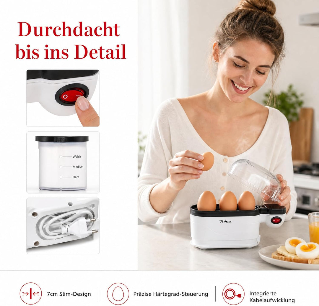 Trisa Eierkocher 3 Eier, Egg Boiler für Weich-, Mittel- & Hartgekochte Eier, Platzsparendes Design,
