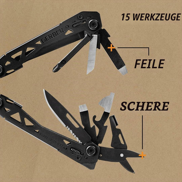Gerber Multi-Tool mit Gürtel-Clip und 15 Funktionen, Suspension NXT, Gewicht: 190 g, Länge geschloss