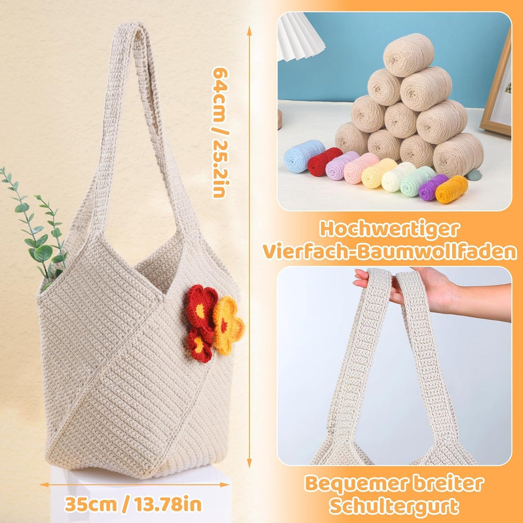 Deudy Pnytty Häkeltaschen-Set für Anfänger, komplettes Starter-Set mit Garn, Haken und Schritt-für-S