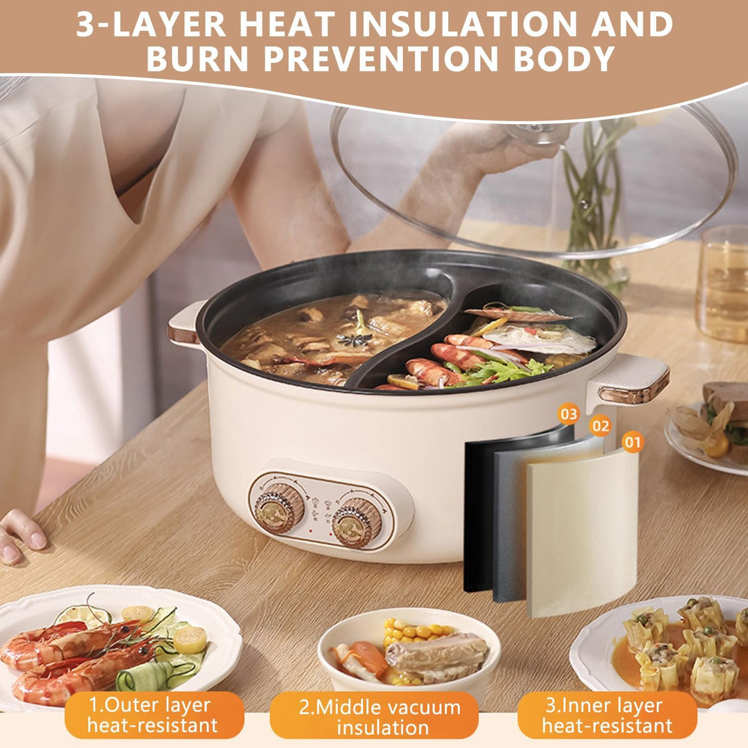 Hot Pot Elektrisch, 7.5L Doppelter Topf mit Zwei Reglern, 1600W Elektrischer Kochtopf mit Trennwand