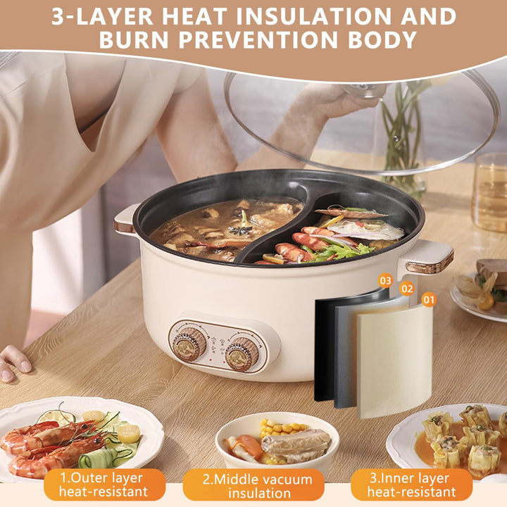 Hot Pot Elektrisch, 7.5L Doppelter Topf mit Zwei Reglern, 1600W Elektrischer Kochtopf mit Trennwand