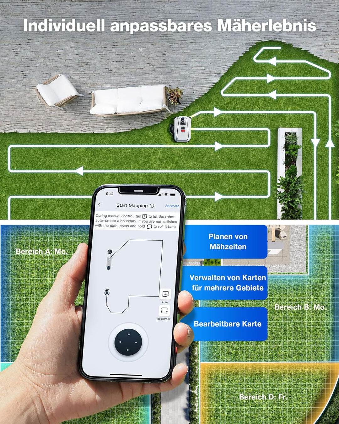 ECOVACS Goat A1600 LiDAR PRO Mähroboter ohne Begrenzungskabel, 1.600 m², 360° Dual-LiDAR-Navigation,