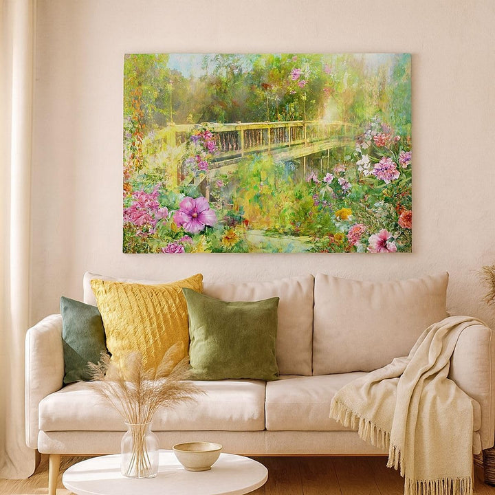 Bilder auf Leinwand 100x70cm Leinwandbild Brücke Park Blume Frühling Gross Wanddeko Bild Schlafzimme