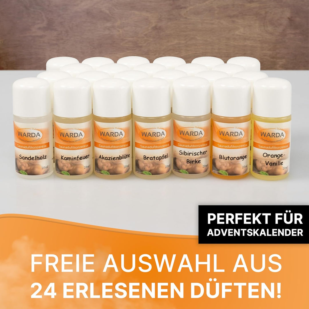 Miniatur-Set mit 24x 20 ml Flaschen von Warda Saunaduftkonzentrat Adventskalenderfüllung (24, FREIE
