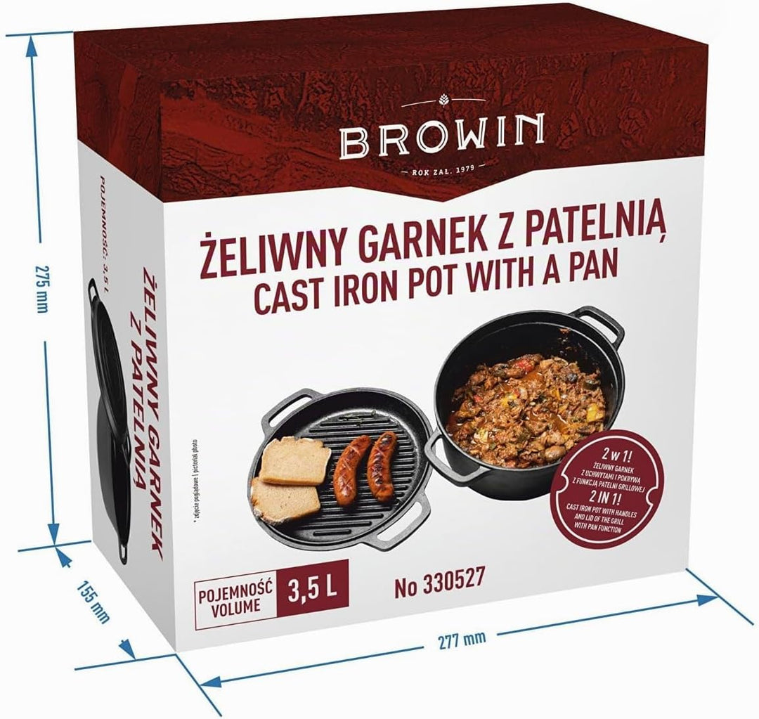 BROWIN® Gusseisen Topf mit Pfanne 330527 | 3,5 Liter Brotbackform | Robuster Kochtopf | 2in1 Gusseis