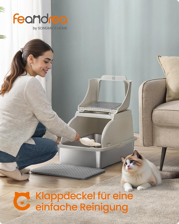 Feandrea Katzenklo Edelstahl, XL, Katzentoilette mit Deckel, mit Schaufel, Bürste und 2 Eingängen, f