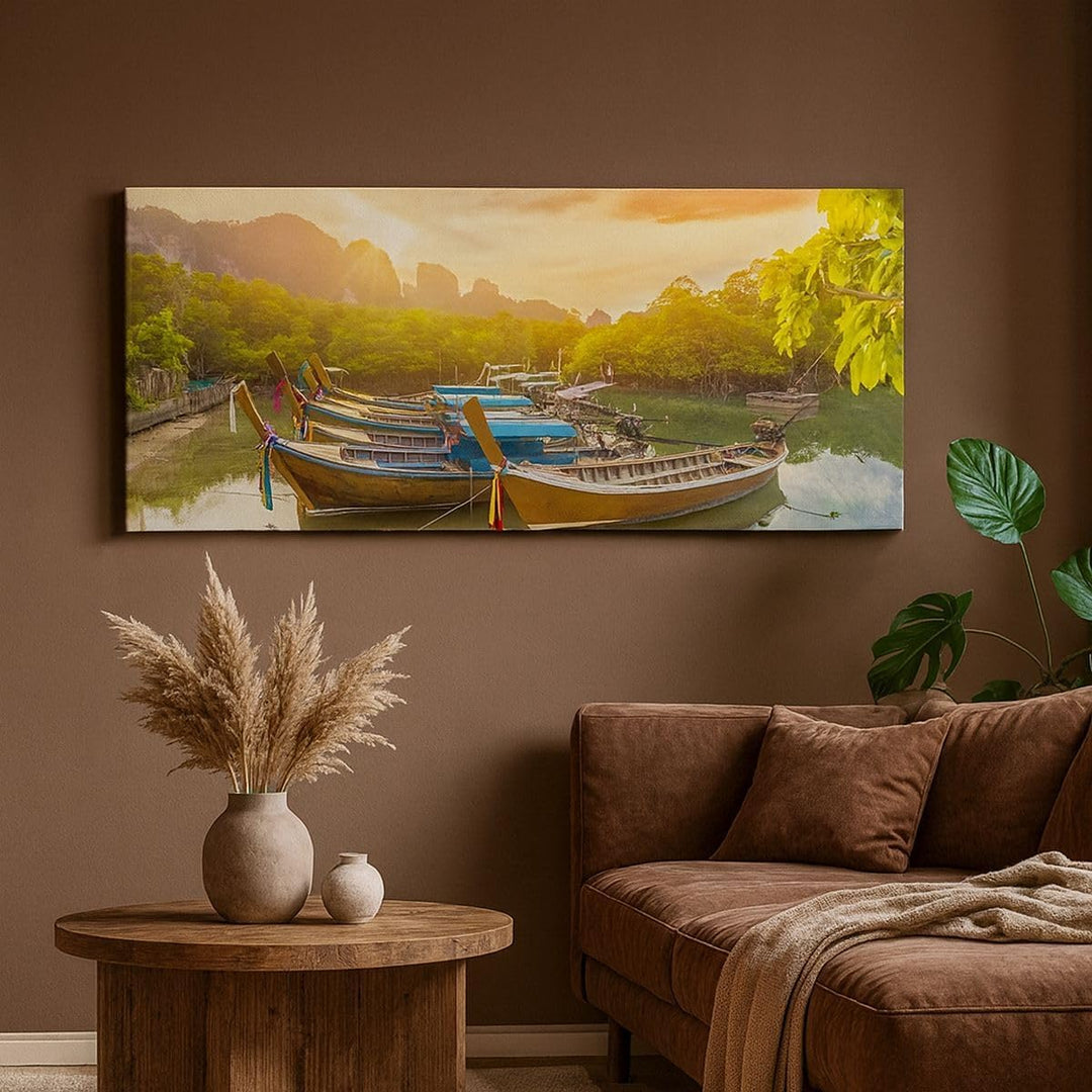 Wandbilder Dekoration Wohnzimmer Berge Boot Wasser Panorama Bilder auf Leinwand 120x50cm Leinwandbil