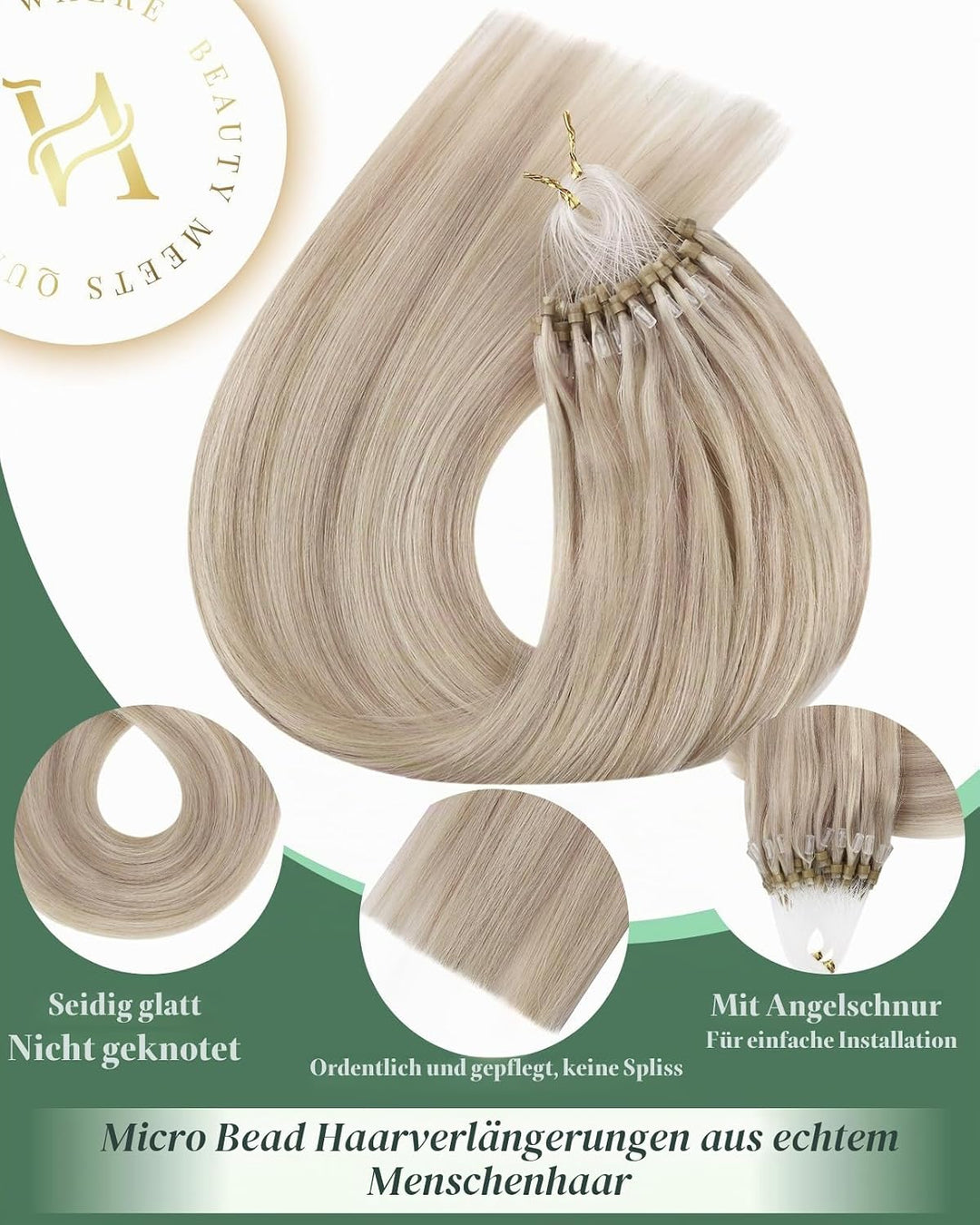 Ugeat Microring Haarverlängerung Echthaar 45cm P18/613 Aschblond mit Gebleichtes Blond Gesträhnt Mic