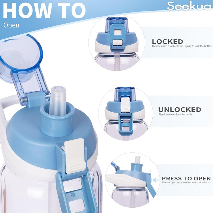 Seekua 0.6l Sport Trinkflasche Glas Flasche mit Strohhalm & Zeitmarkierung für Kinder, Schule 600ml