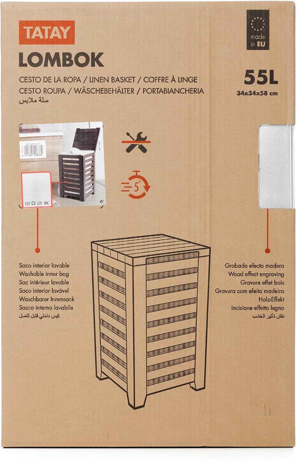 Tatay Lombok Wäschekorb, 40 l Fassungsvermögen, Polypropylen, BPA-frei, mit Deckel, Weiss, 34 x 34 x