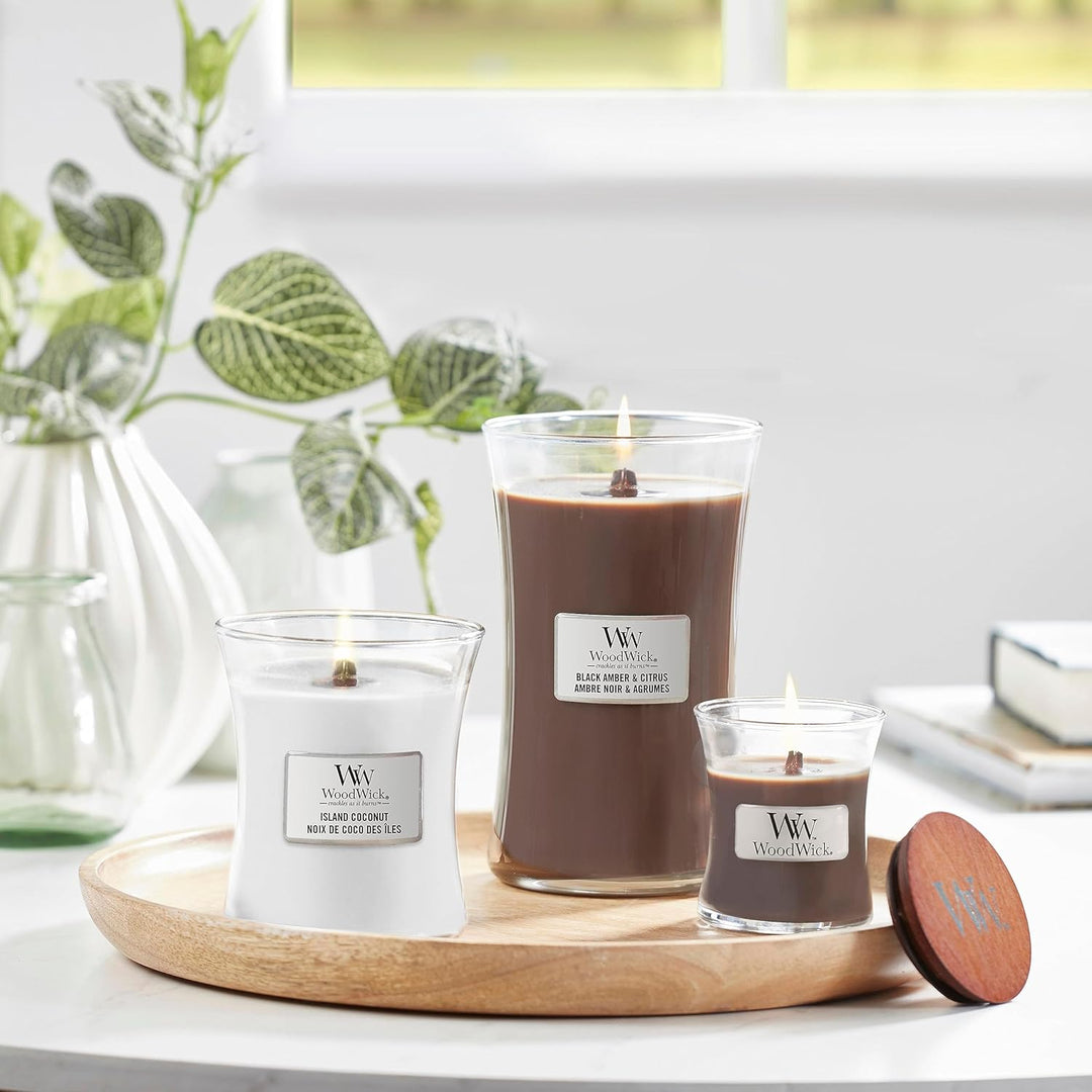 WoodWick mittelgrosse Duftkerze im Sanduhrglas mit knisterndem Docht | Island Coconut | Brenndauer b