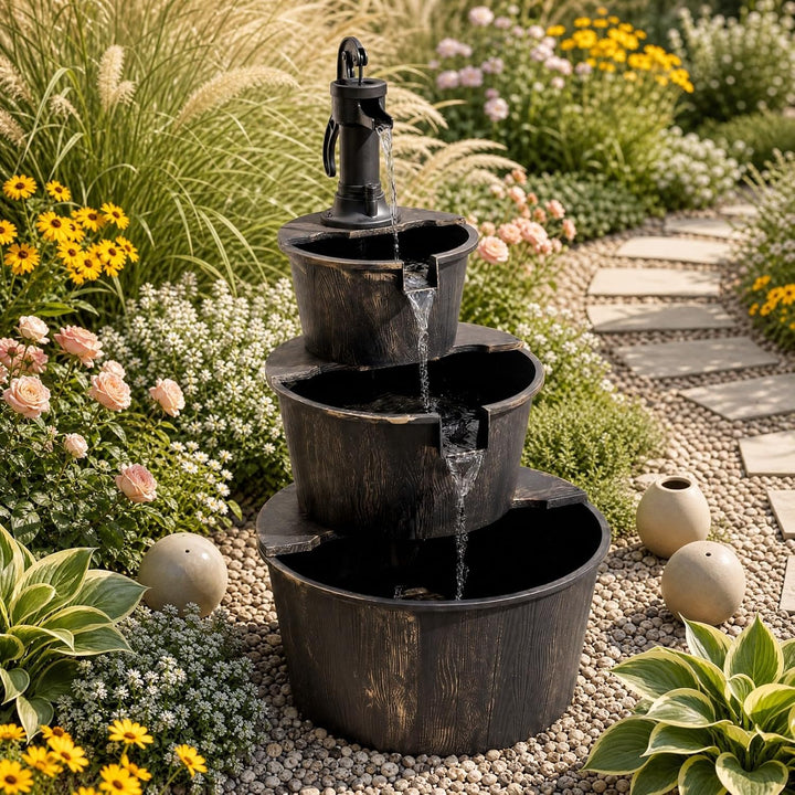 HOMASIS Gartenbrunnen mit Verstellbarer Pumpe, Antikbronze | Springbrunnen mit 3 Ebenen, dekorativer