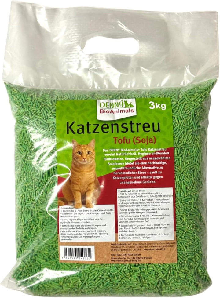 Tofu Katzenstreu 9 kg (3 Säcke je 3 kg), 24 L, – 100% natürlich &amp; biologisch abbaubar – Ultra saugst