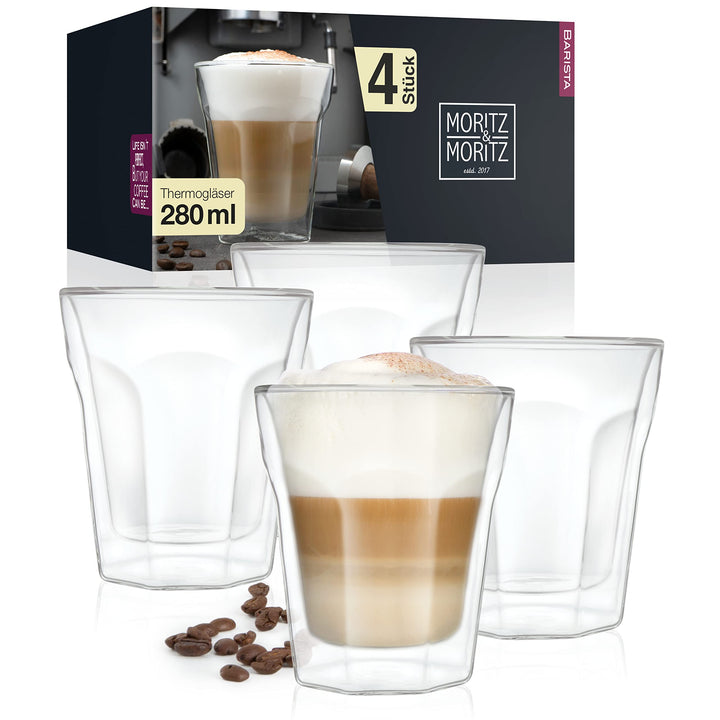 Moritz &amp; Moritz Gläser Set 4 x 280 ml Cappuccino Gläser Doppelwandig 280ml – Doppelwandige Gläser fü