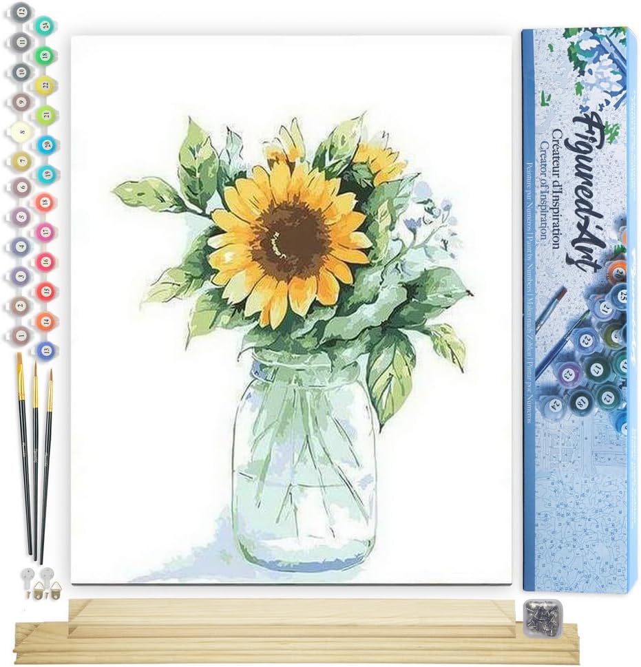 Figured'Art Malen Nach Zahlen Erwachsene Mit Rahmen Sonnenblumen im Glas - Paint by Numbers Basteln