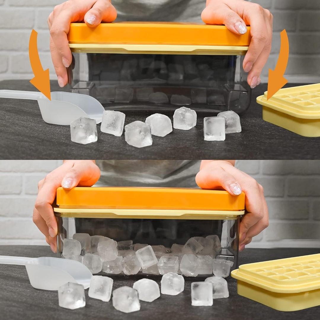 Eiswürfelbehälter mit Deckel und Behälter, 64 Stück Eiswürfel, einfaches Drücken, um das Eis zu löse
