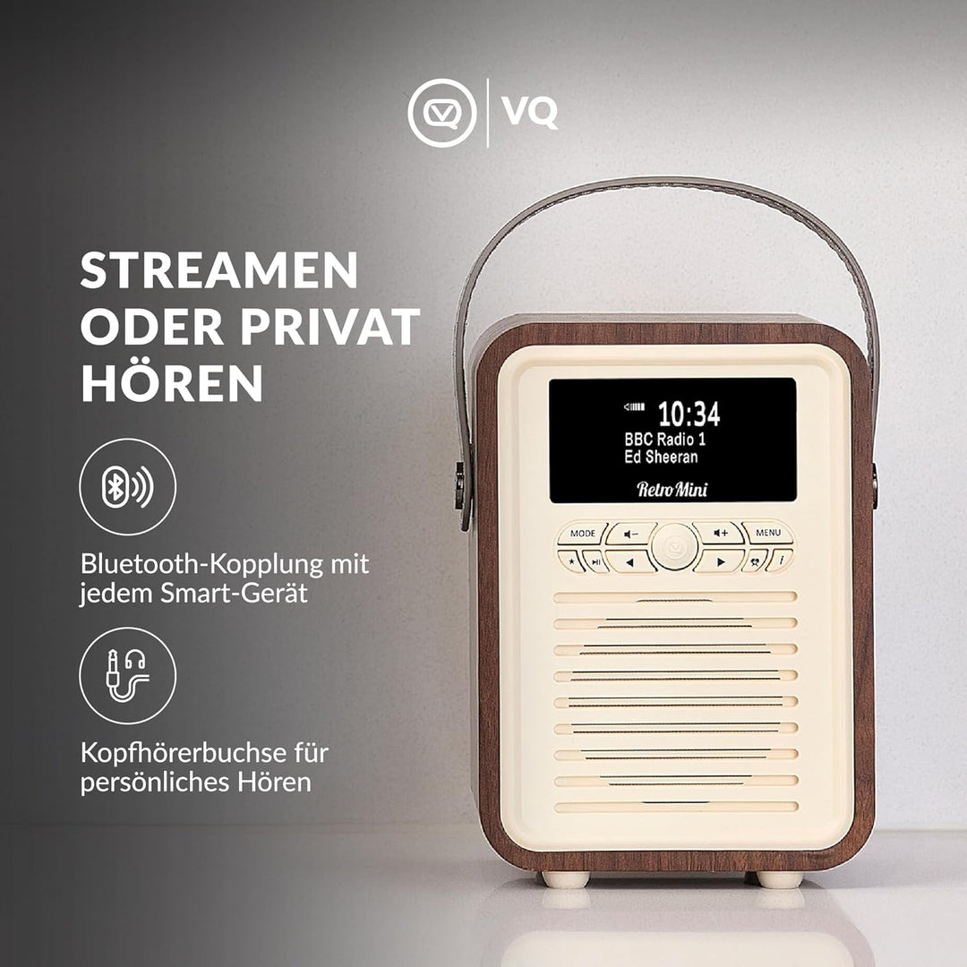 VQ Retro Mini Tragbares Radio mit Bluetooth-Lautsprecherein, DAB-Radio mit UKW und 60 Voreinstellung