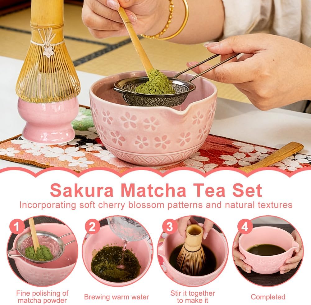 Matcha Set mit Matcha Besen Schale Zubehör 7 Teilig für Anfänger Rosa, Rosa