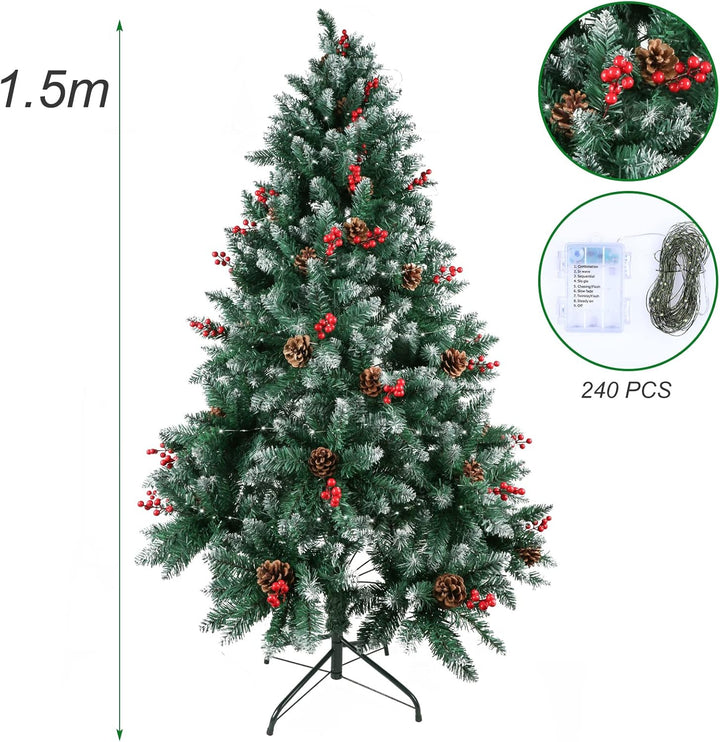 himaly Weihnachtsbaum künstlich 150 cm mit Schnee und 12m Lichterkette 240LEDs, Material PVC/PE, 450