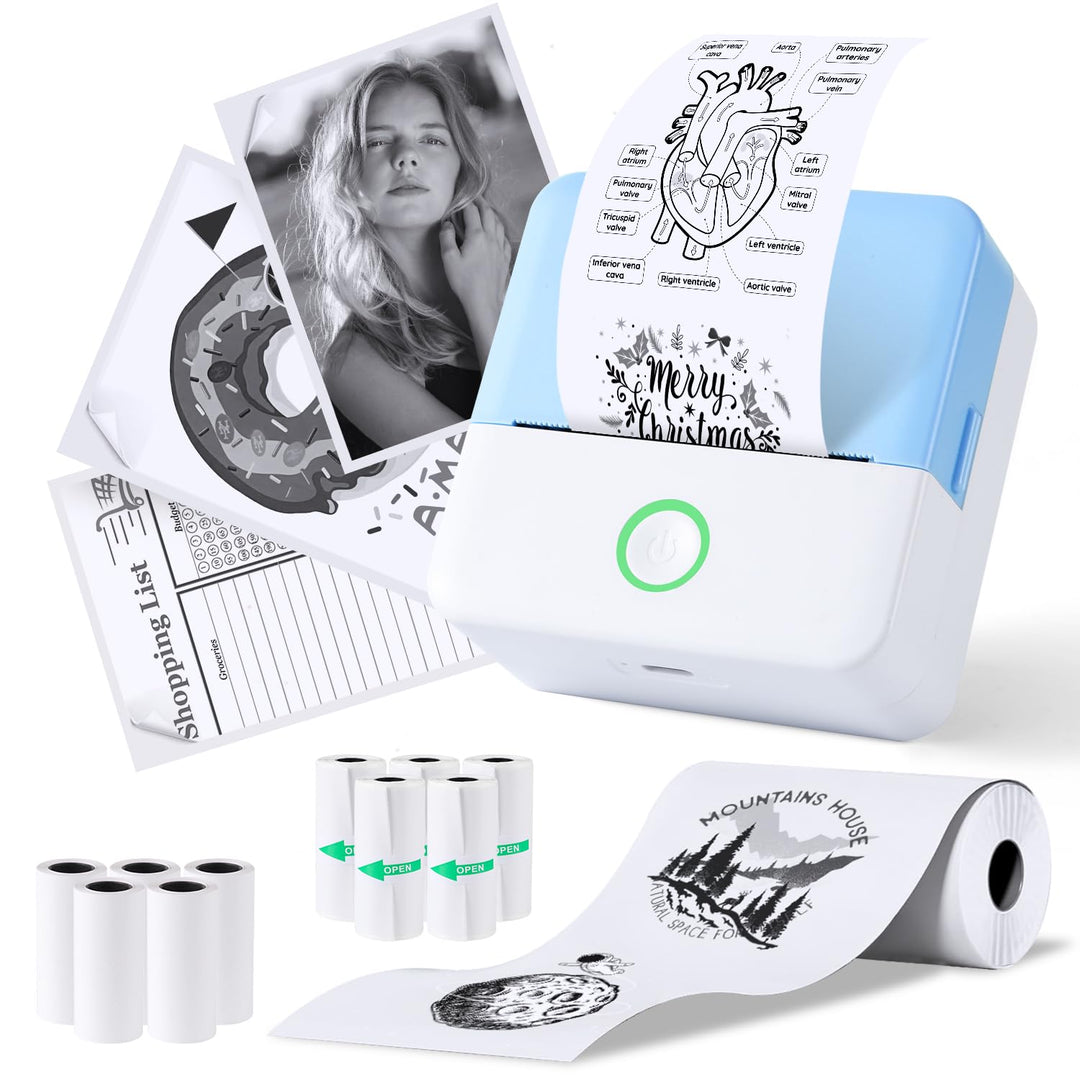 PRAOAHEI Mini Drucker, Tragbarer Thermodrucker mit 10 Rollen Druckerpapier | Bluetooth Etikettendruc