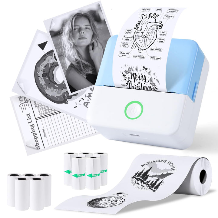 PRAOAHEI Mini Drucker, Tragbarer Thermodrucker mit 10 Rollen Druckerpapier | Bluetooth Etikettendruc