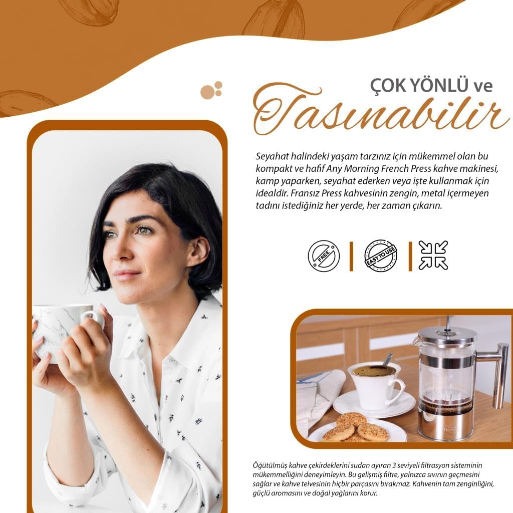 Any Morning French Press Kaffeebereiter | Kaffeekanne aus Edelstahl | Pressstempelkanne für frischen