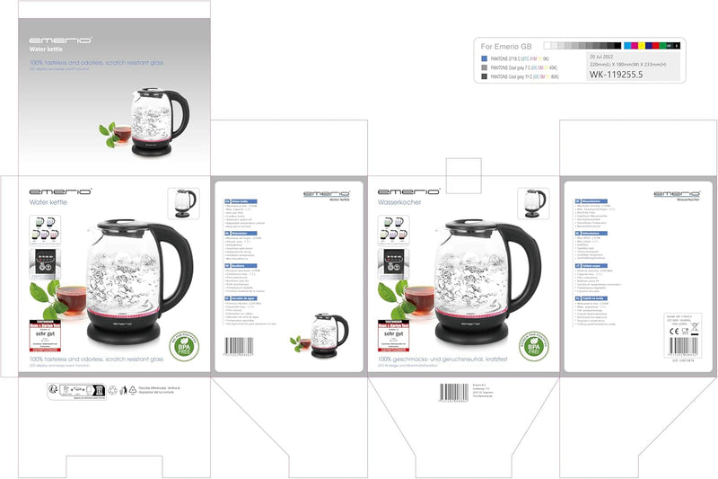 Emerio WK-119255 TESTSIEGER Haus & Garten Test 02/2019, Glas Wasserkocher mit Temperaturwahl (60°C/7