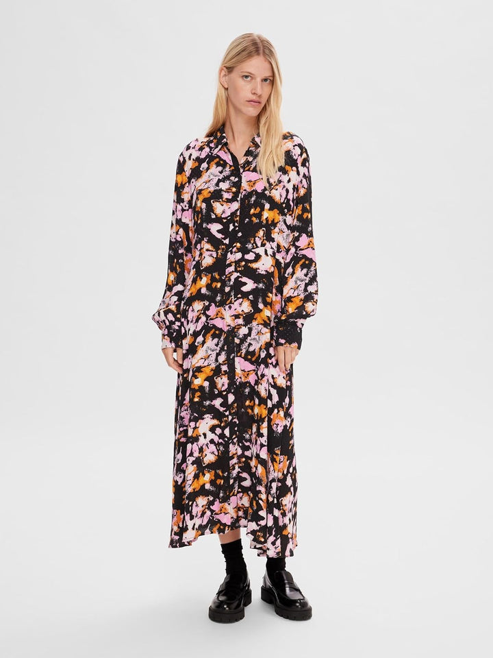 SELECTED FEMME Damen Slfirene Ls Ankle AOP Shirt Dress Noos Kleid 36 Black/Aop:aop, 36 Black/Aop:aop